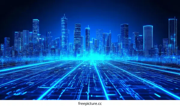 Futuristic Cityscape with Digital Pathways