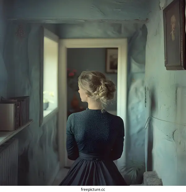 Woman in a blue dress standing in a blue room