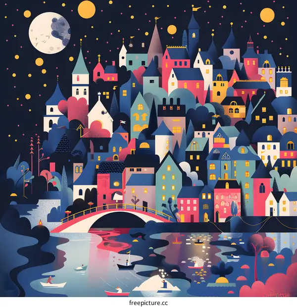 Nighttime Cityscape with Bridge and River Illustration