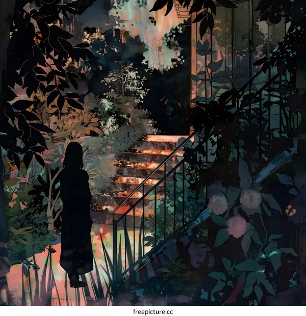 Silhouette Woman Standing In Front Of Garden Steps