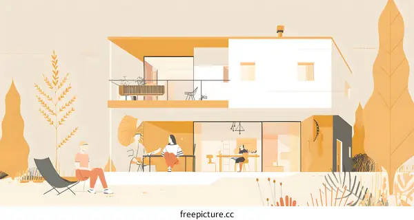 Modern House Illustration with People Sitting Outside