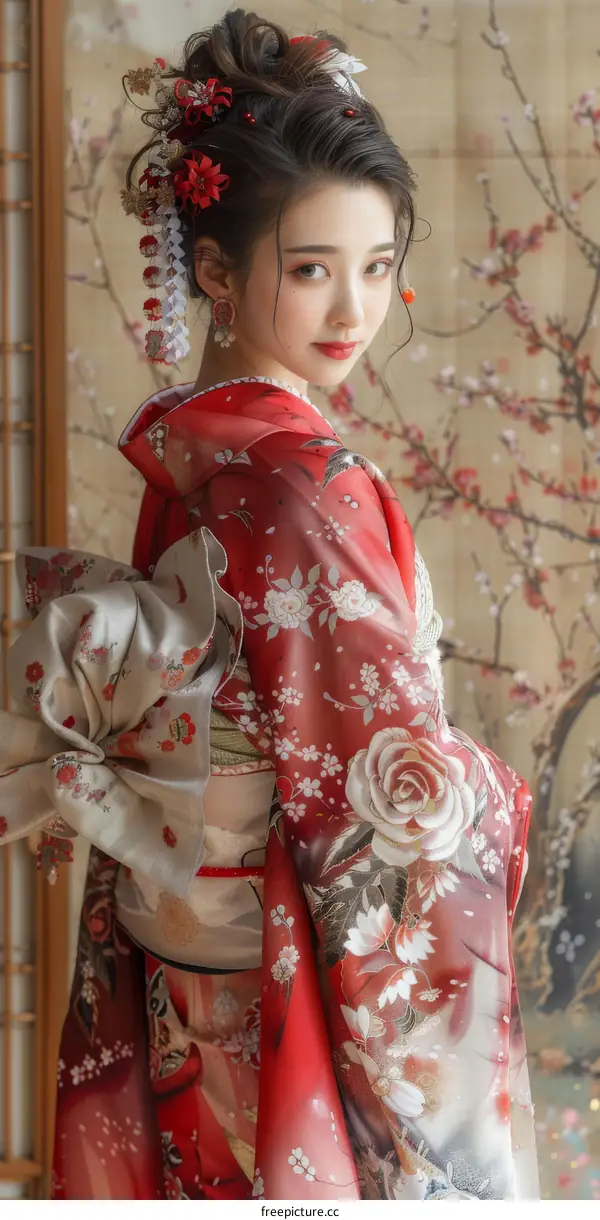 Portrait of a young woman in a red kimono