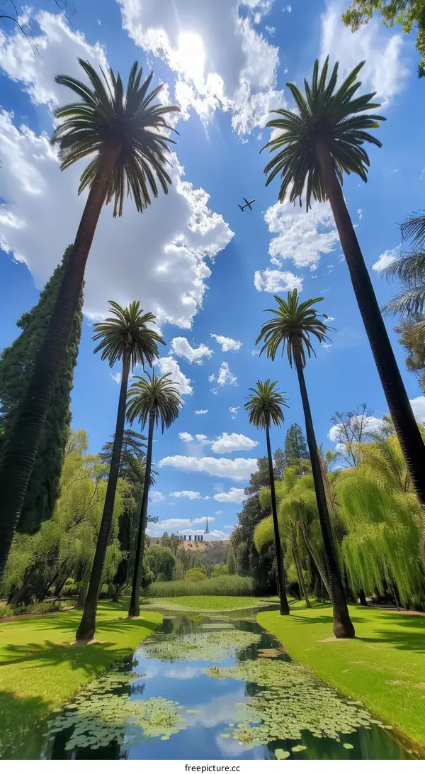 Palm trees line a park with a pond and a clear blue sky