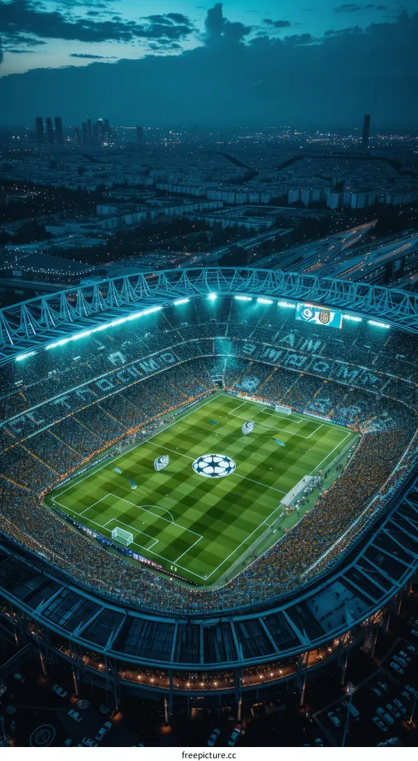 Aerial view of a soccer stadium with the words displayed on the pitch