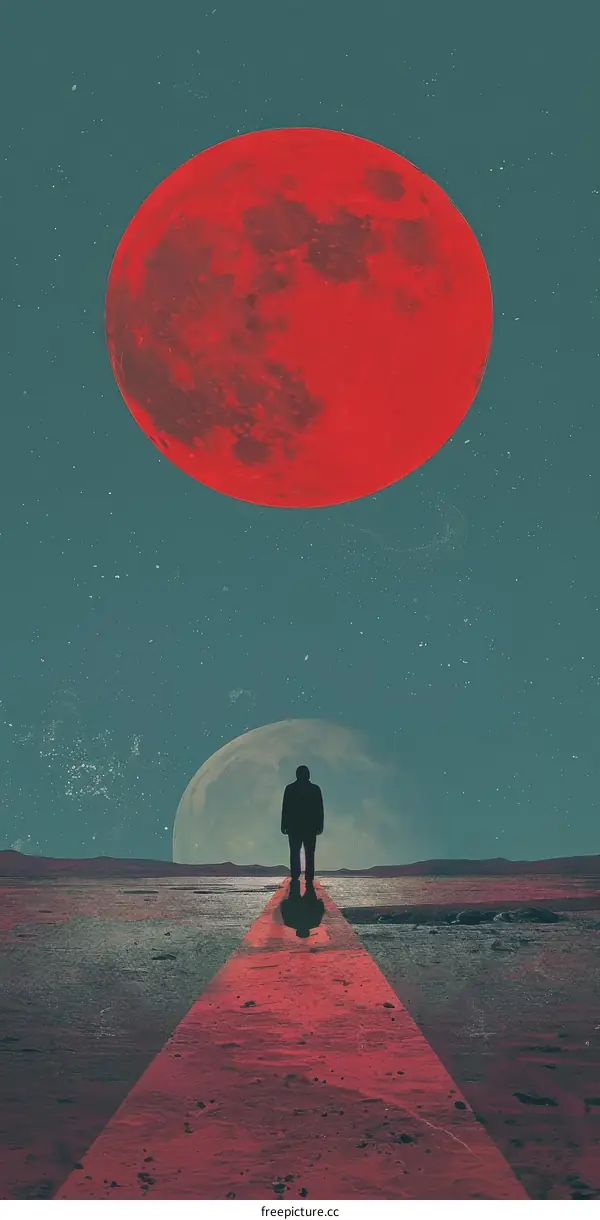 Man walking towards a red moon