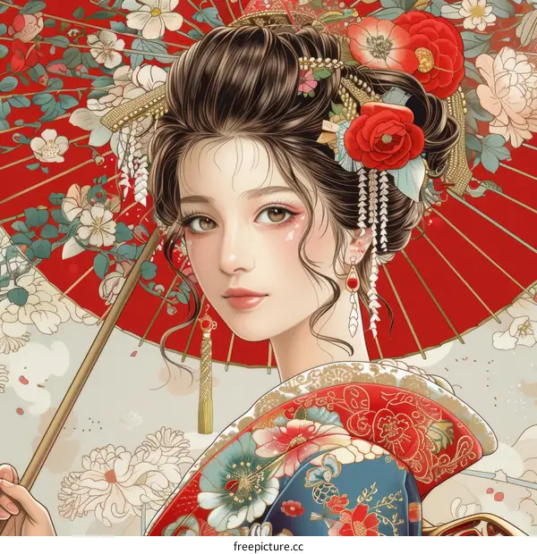 A beautiful Japanese woman in a kimono holding a red umbrella