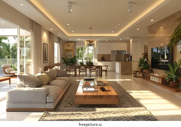 The tropical style living room with beige sofa and wooden table