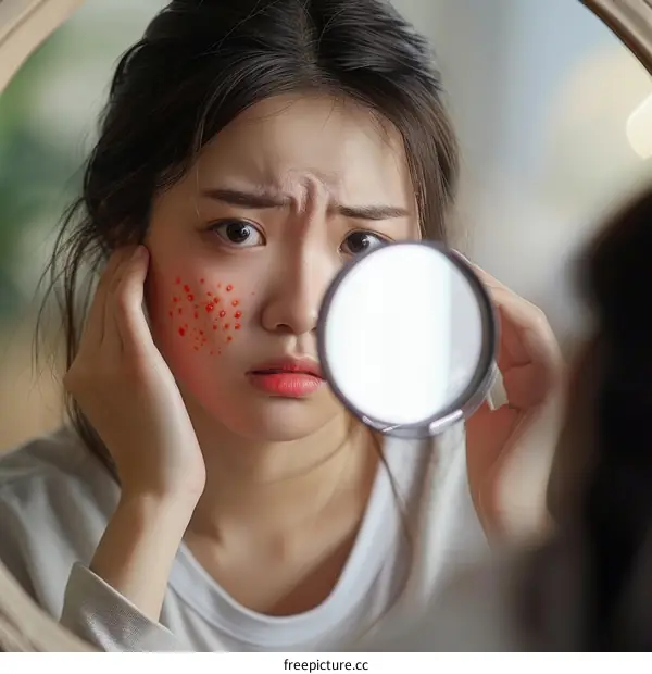A young woman is looking at her reflection in the mirror and examining her skin.