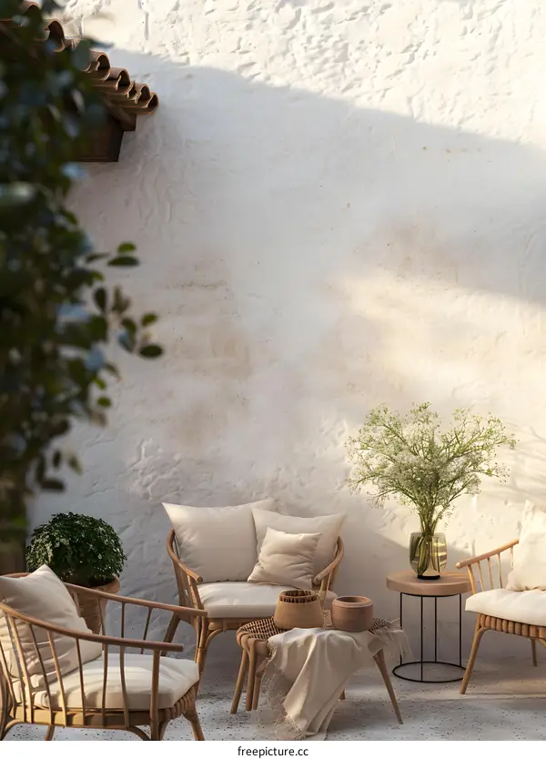 Minimalist Patio With Rattan Chairs And White Wall