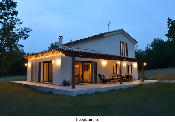 Modern White House with Patio and String Lights at Dusk