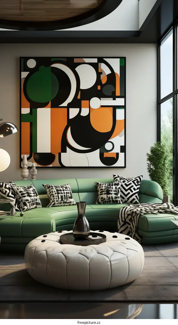 A Stylish Living Room With Green Sofa and Geometric Painting
