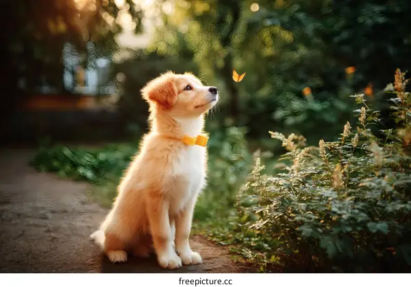 Adorable Puppy Watching Butterfly in a Sunny Park