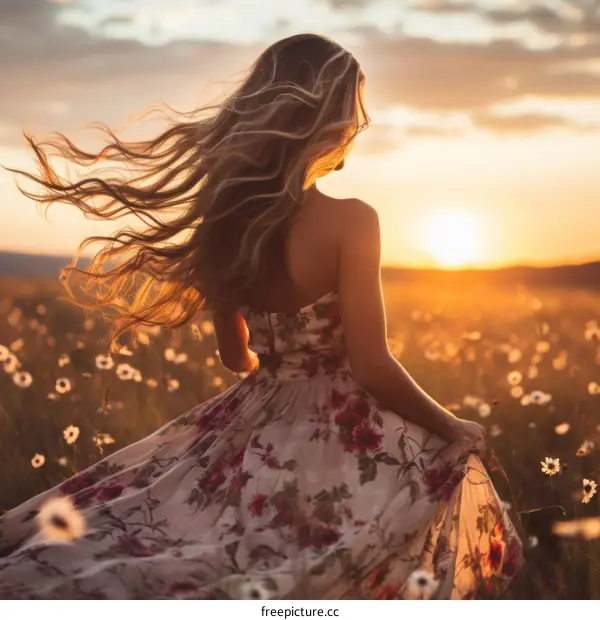 Long-haired blonde woman in a white dress with pink flowers dances in a field of daisies