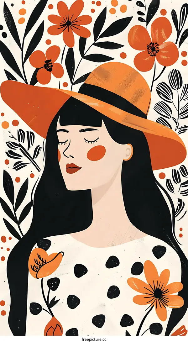 Woman With Closed Eyes In A Hat And Flowers