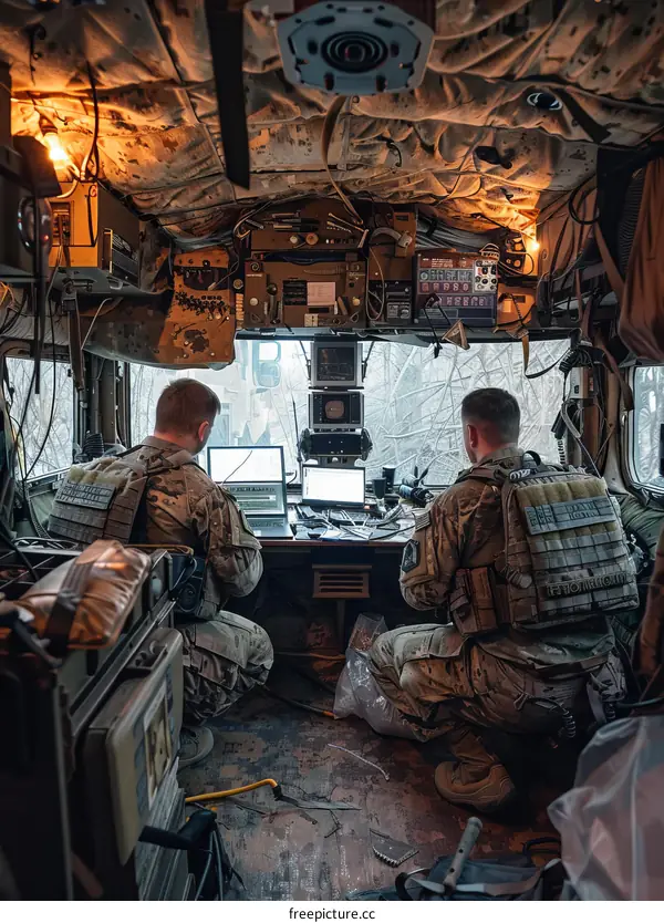 Two soldiers are sitting in a military vehicle.