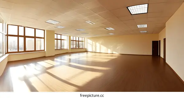 Empty Room with Large Windows and Wood Floor