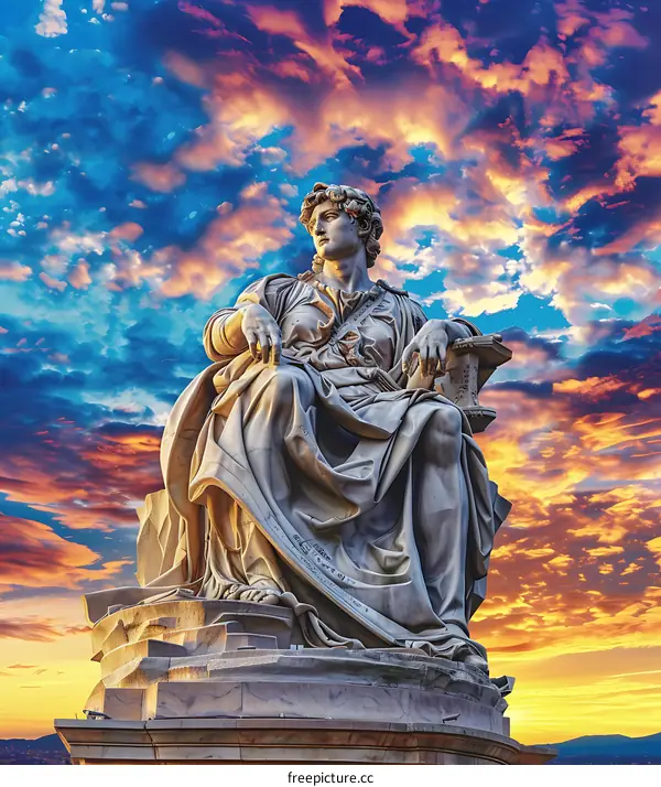 Marble Statue of a Man Sitting on a Throne Against a Sunset Sky