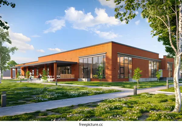 Modern Brick Building with Patio and Green Grass