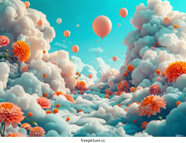 Surreal Cloudscape with Flowers and Balloons