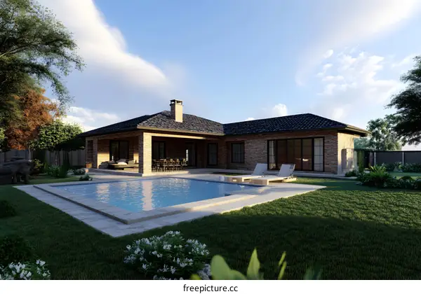 Modern Brick House with Swimming Pool Backyard