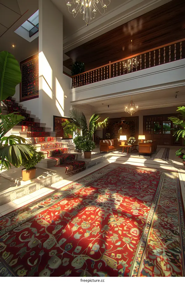 Staircase and living room with green plants and red carpet