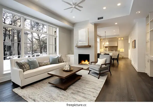 Modern Living Room with Fireplace and Large Windows