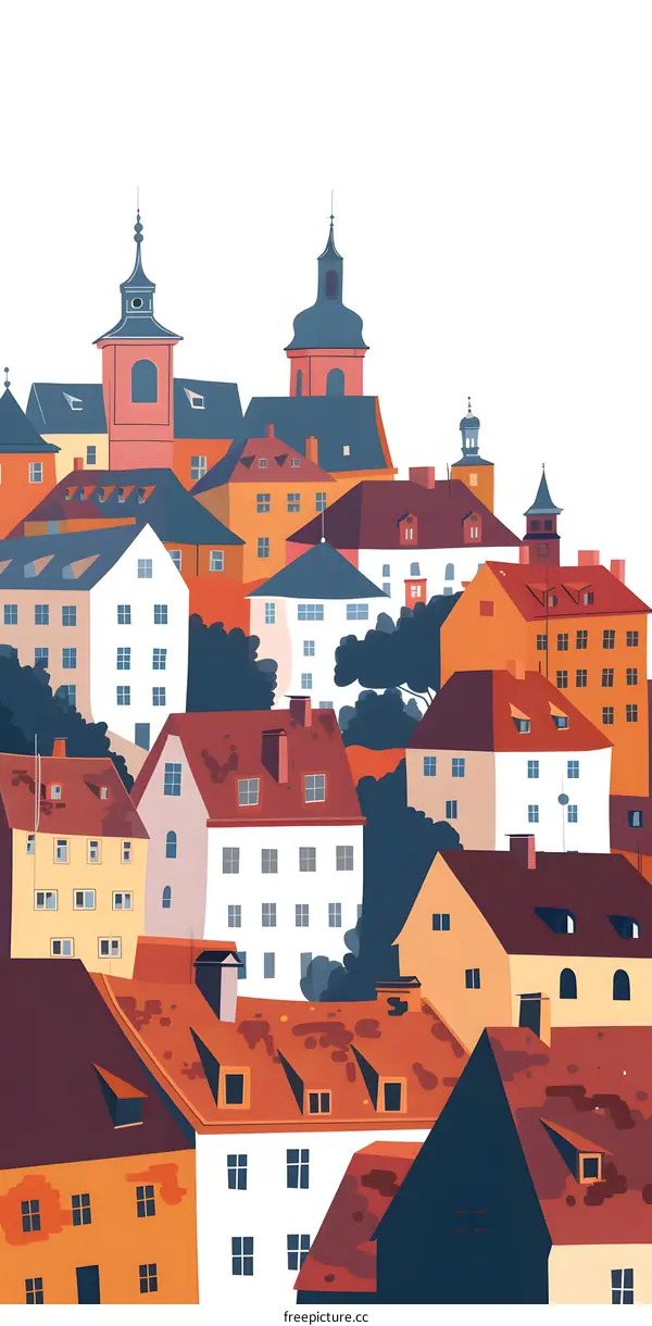 Colorful Cityscape Illustration With Rooftops And Towers