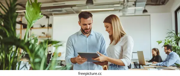 Two Colleagues Discussing Work On Tablet In Office
