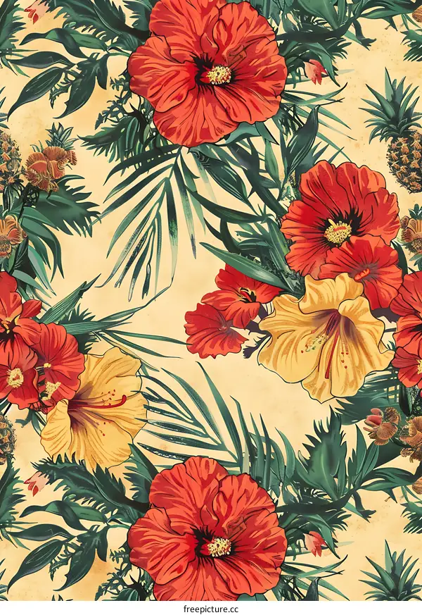 Tropical Floral Pattern with Red and Yellow Flowers