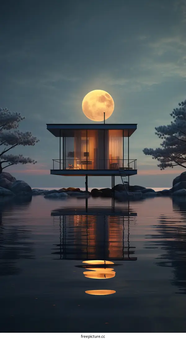 futuristic house on lake with large moon in background