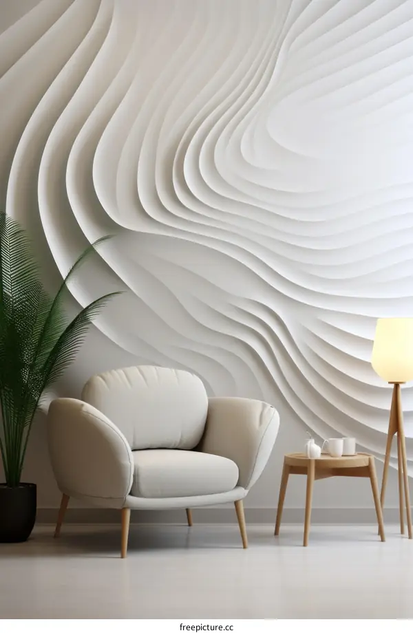 White minimalist room with a chair and a plant