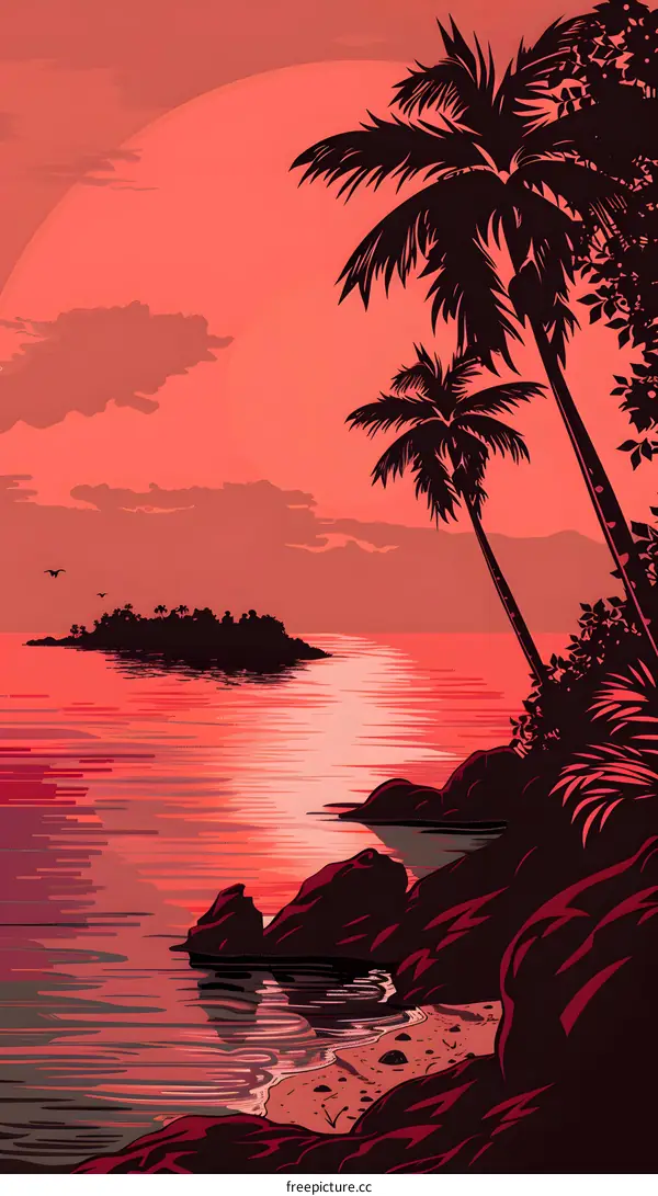 Sunset Over Tropical Island with Palm Trees