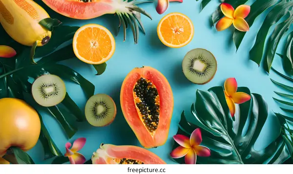 Tropical Fruit Summer Flat Lay with Papaya, Kiwi and Orange