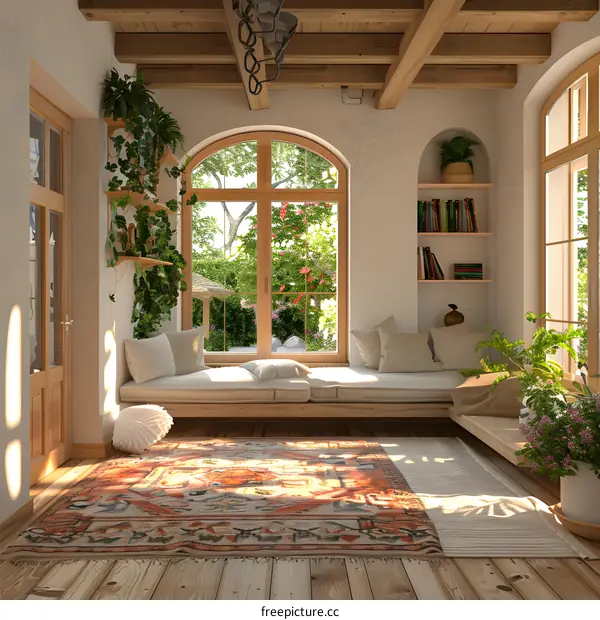 Sunny living room with garden view