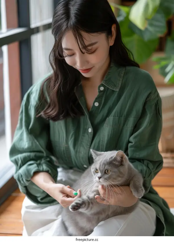 A young woman is sitting on the floor and holding a gray cat