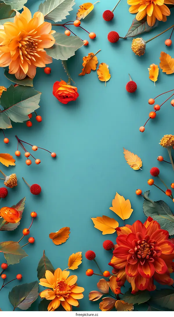 Autumn Floral Frame on Teal Background