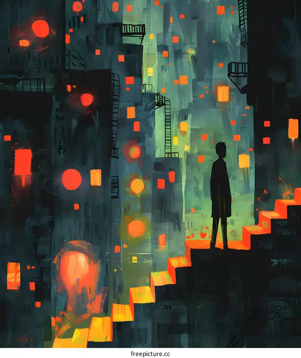 A lonely figure stands in an alleyway surrounded by tall buildings