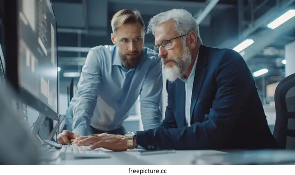 Two businessmen discussing data analysis on computer in office