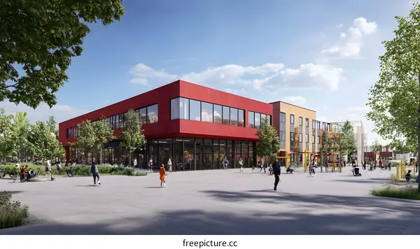 Modern Architecture Building with People Walking in Front