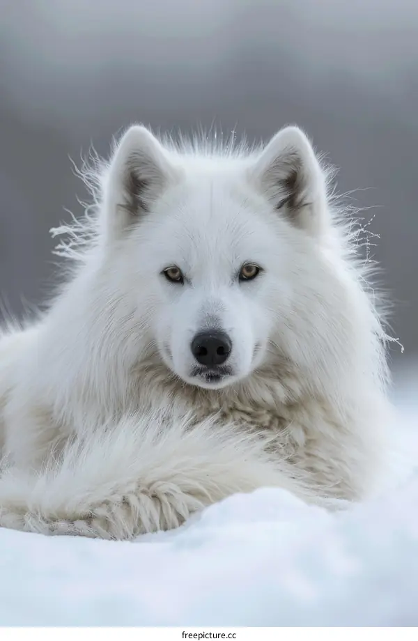 Majestic White Wolf with Yellow Eyes in the Snow