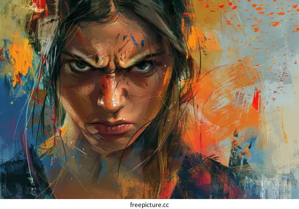 Portrait of a young woman with brown hair and green eyes, with paint splatters on her face