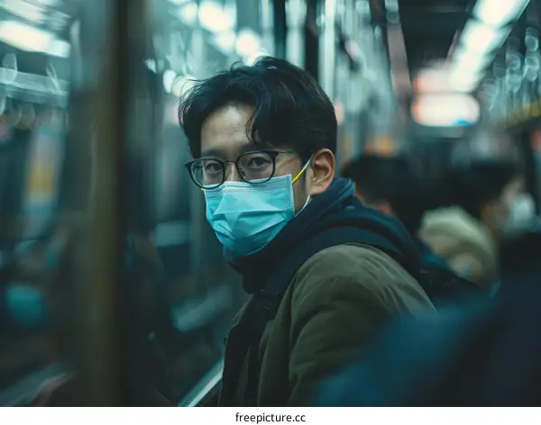 A young man wearing a mask is looking at the camera with a serious expression.