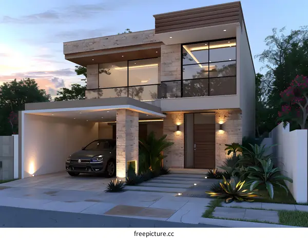 Modern House Exterior Design with Stone and Wood