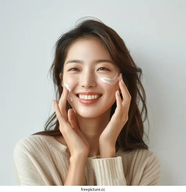 Asian woman applying moisturizer to her face