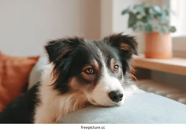 A Border Collie Dog Relaxing on a Sofa