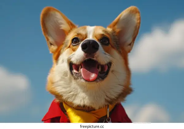 A happy looking corgi wearing a red shirt