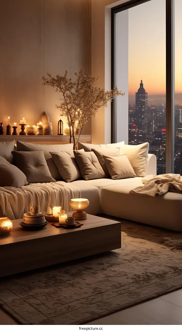 Cozy Modern Living Room with City View at Dusk
