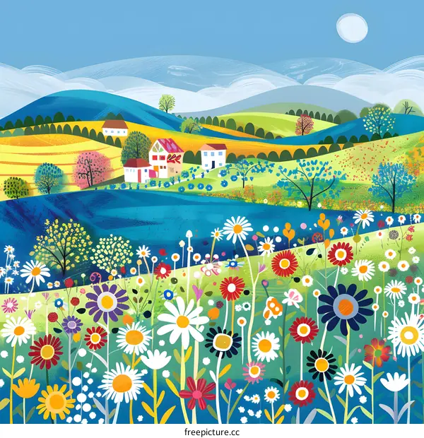 Colorful Illustration of a Spring Meadow with Houses in the Distance