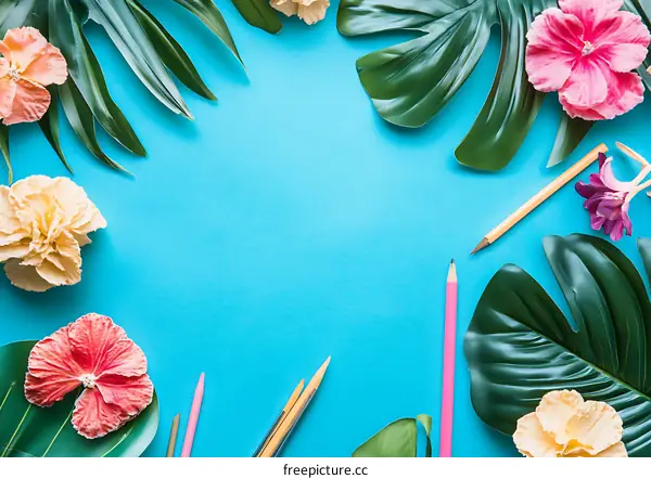 Tropical Leaves and Flowers on Blue Background with Pencils