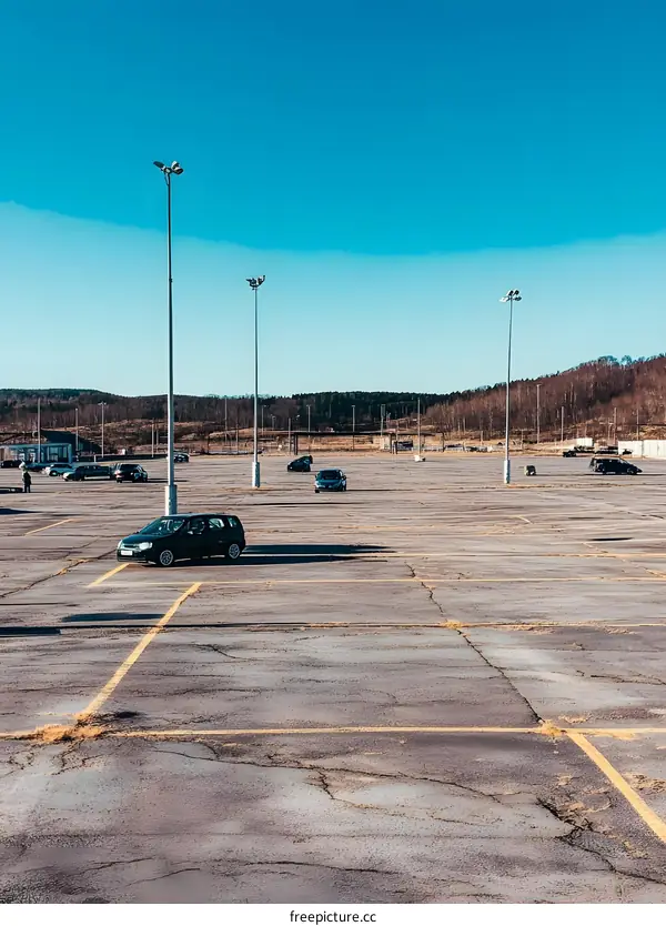 Empty Parking Lot with Blue Sky and Street Lights